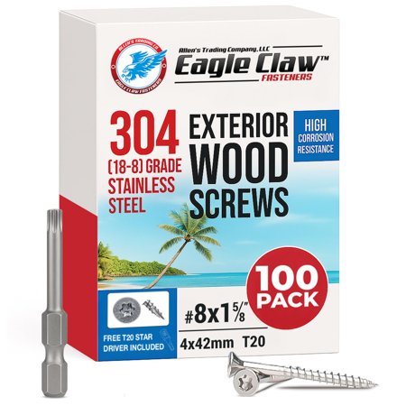 #8 x 1 5/8 Inch Stainless Steel Wood Screws | 304 Grade (100 Pack) | Flat Head T20 Star Torx Drive