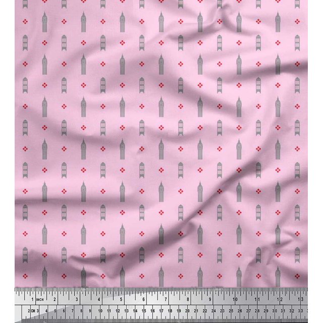Soimoi Viscose Chiffon Fabric Curve Diamond & Clock Tower Architectural Decor Fabric Printed Yard 42 Inch Wide