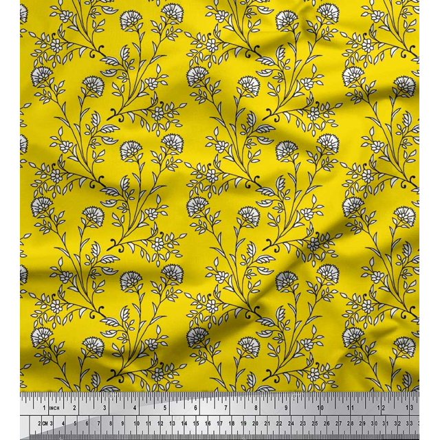Soimoi Moss Georgette Fabric Leaves & Floral Block Print Sewing Fabric Yard 42 Inch Wide