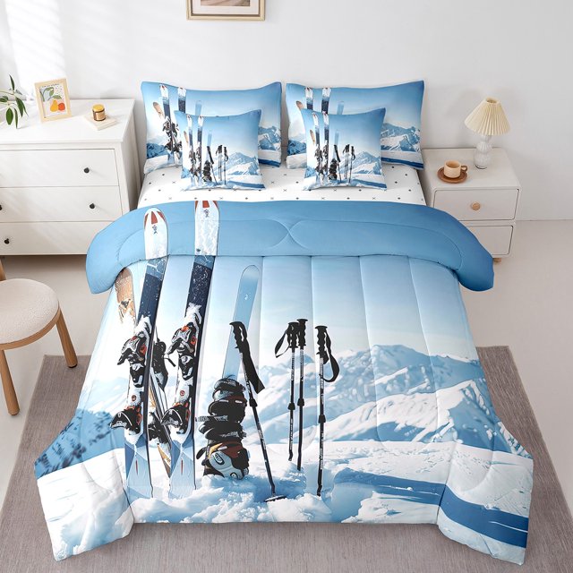 YST Ensemble Douillette 7 Pcs Thème Hivernal Montagne Enneigée, Lit Simple Tout-en-un, Polyester