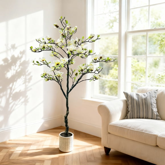 6FT Artificial Magnolia Tree in Pot, Magnolia Flowers, Faux Flowering Tree with Realistic Blooms, Faux Potted Plant, 6 ft Artificial Plants Indoor Outdoor for Home Office Garden Patio Porch Yard Decor