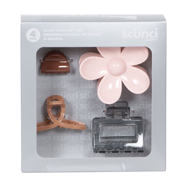Scunci 4 piece Grey Claw Gift Set containing four assorted claw clips in neutral shades including brown, baby pink flower-shaped, beige, and transparent grey, displayed in a grey gift box with a clear window, suitable for all hair types and ideal as a hair accessory gift.