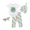 thumbnail image 1 of 2022 Baby 4Pcs Spring Outfits  Short Sleeve Cartoon Print Romper + Pants + Hat + Headband Set, 1 of 8