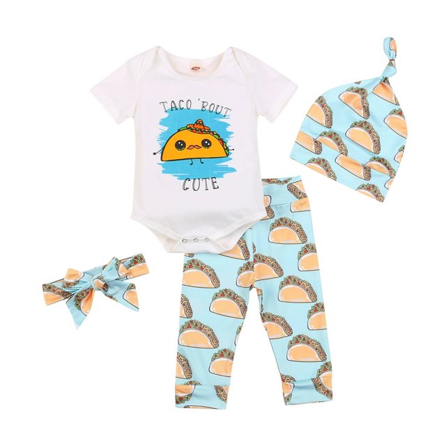 2022 Baby 4Pcs Spring Outfits Short Sleeve Cartoon Print Romper + Pants + Hat + Headband Set