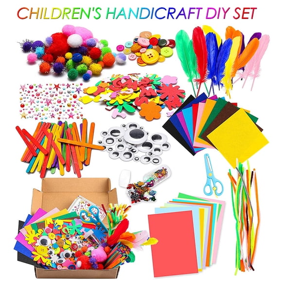 AMERTEER Trousse d'Artisanat Enfants 1000 Pcs Boîte d'Art Bricolage pour Enfants Fournitures d'Artisanat Trousse de Projets Bricolage Trousse d'Art de Scrapbooking Pompons Pailletés Plumes Boutons Paillettes pour Enfants Fournitures d'Art Bricolage Pip