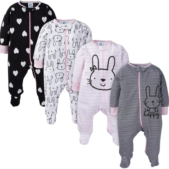 Gerber Baby Girls 4 Pack Sleep 'N Play Footie Bunny Smiley Preemie