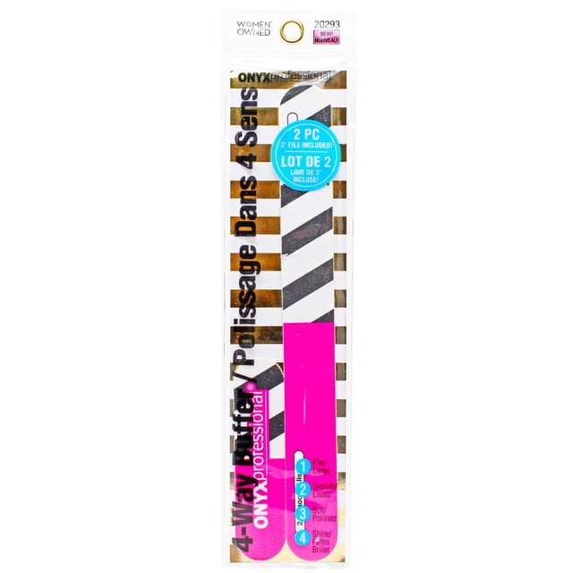 4-Way Buffer and Bonus File by Onyx Professional in clear packaging with gold stripes, showing two nail buffers with black and white diagonal stripes and bright pink sections, labeled for filing, smoothing, buffing, and shining nails, includes a 3-inch file, compact and portable for nail care.