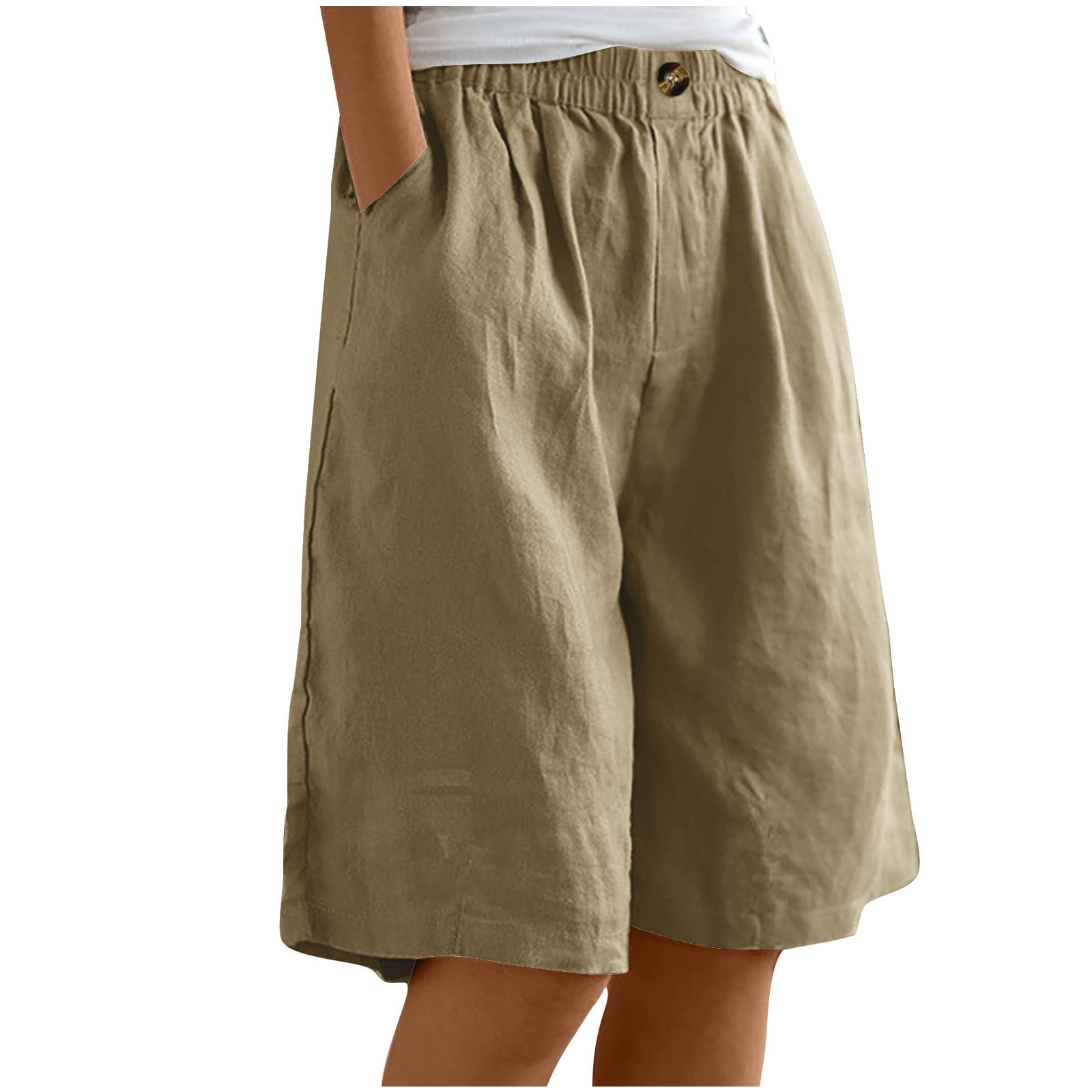 Timegard Wide Leg Shorts for Women Cotton Linen Elastic Waist Button Loose Solid Color Knee Length Pants