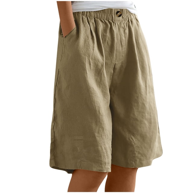 Timegard Women's Cotton Linen Wide Leg Elastic Waisted Casual Shorts with Pockets, XX-Large, Loose Fit