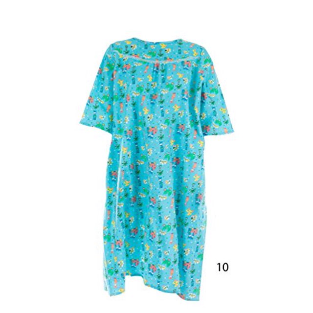 Women's Adaptive Flannel Backwrap Gown (Medium, Fun Prints with Blue Background - 10)