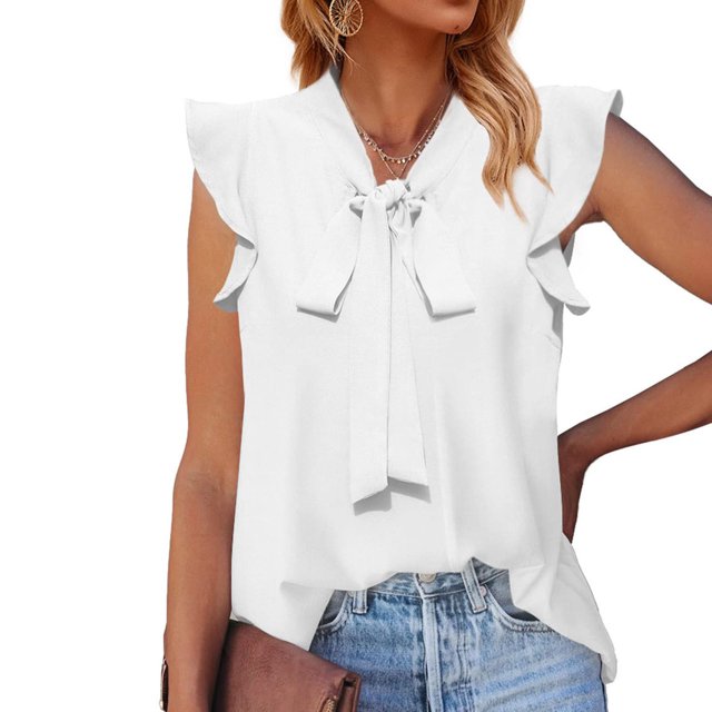 EGNMCR Camisoles pour Femmes Chemisiers à Col Noué pour Femmes Été Décontracté à Volants Sans Manches
