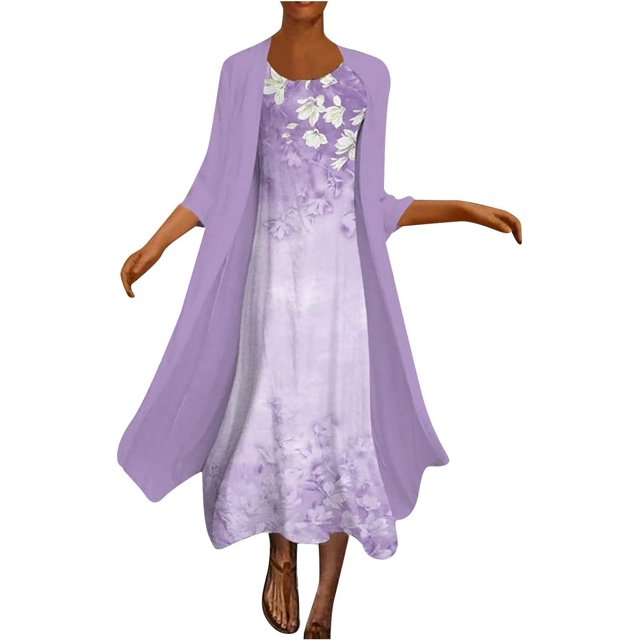 ORUYROP Robe en Chiffon pour Femmes Manches 3/4 Invité de Mariage Élégante Robe Fluide Longueur Genou Ensemble Deux Pièces Robe Formelle Vintage