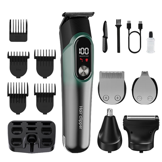 5-in-1 Electric Hair Clippers Set, Adjustable Digital Display Shaver, Stainless Steel Precision Cutting, Rechargeable 2 Hour Battery, Includes 11 Tools for Hair and Beard Styling