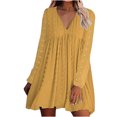 thumbnail image 1 of Robes d'Automne pour Femmes, Col en V Doux, Pois Suisses, Manches Longues, Robe Babydoll, Unie, Décontractée, Coupe Ample, Mini-Robe Évasée, 1 of 5