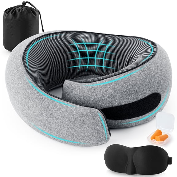 MOONORAH Travel Pillow for Airplanes, 360° Support Memory Foam Travel Neck Pillow with 3D Contoured Eye Mask, Earplugs and Storage Bag for Airplanes Offices Cars, Gray