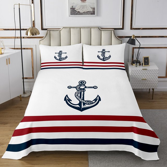 Erosebridal Nautical Anchor Coverlet Set King, Navy Red Stripe Bedding Set 3-Piece