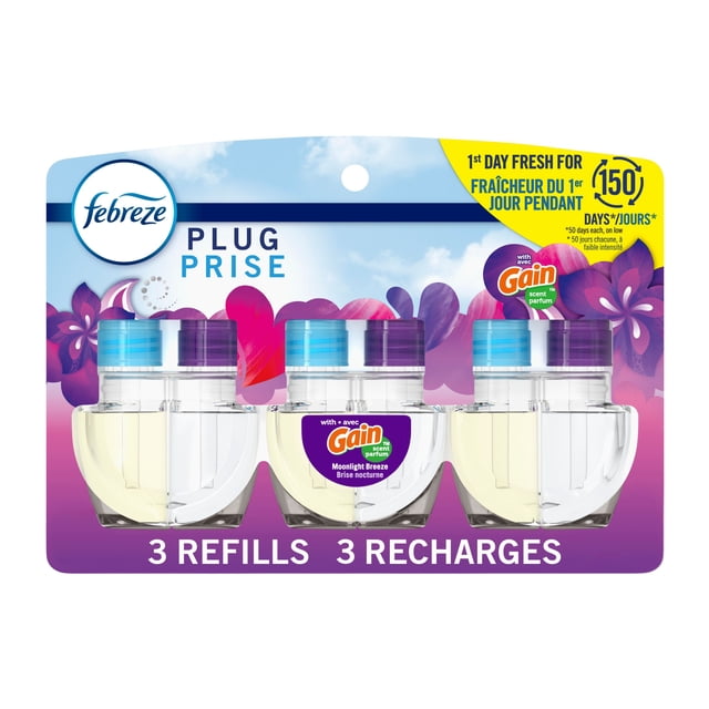 Febreze Plug In Air Freshener Moonlight Breeze scented oil refill pack with three clear refills featuring blue and purple caps, designed for automatic odor-fighting scent release lasting 50 days each on low, enhanced with Gain scent, displayed on purple floral packaging.