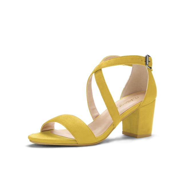 BLISSFUL STEP Women's Open Toe Cross Strap Mid Block Heel Sandals Yellow 9