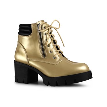 Unique Bargains Women's Lace Up Platform Chunky Heel Combat Boots Black (Size 8)