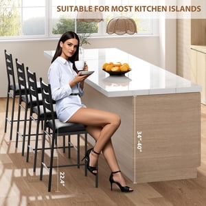 Bar Stools Set of 4, Upholstered Metal Dining Chairs Barstools, Wooden Back & Footrest, Counter Height Bar Stools for Kitchen Island Apartment