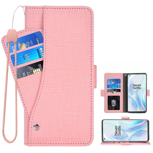 OnePlus 8 Pro Case, iCoverCase Genuine Leather Wallet Case Slim Fit Folio Book Design with Stand and Card Slots Flip Case Cover for OnePlus 8 Pro (Pink)