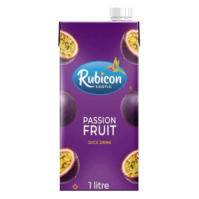 Rubicon Jus de Fruit de la Passion carton de 1 litre avec Fond Violet Présentant des fruits de la Passion Entiers et Coupés en Deux, Étiqueté comme Boisson de Jus de Fruit Exotique. Convient pour Profiter d'Une Saveur Tropicale Authentique et Est Souvent Utilisé comme Mélangeur dans les Boissons.