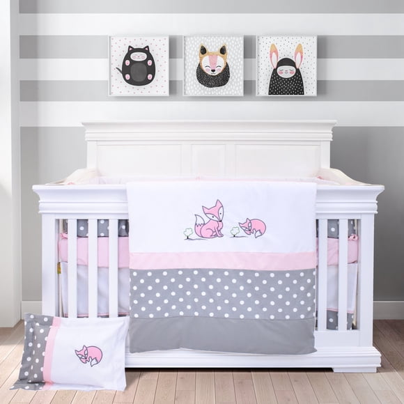 Bebelelo 7 Pieces Baby Bedding Set - Nursery Crib Set Including Skirt, Comforter, Quilt Cover, Fitted Sheet, and More for Kids, Boys, Girls (Gray and White Polka Dots with Pink Fox Pattern)