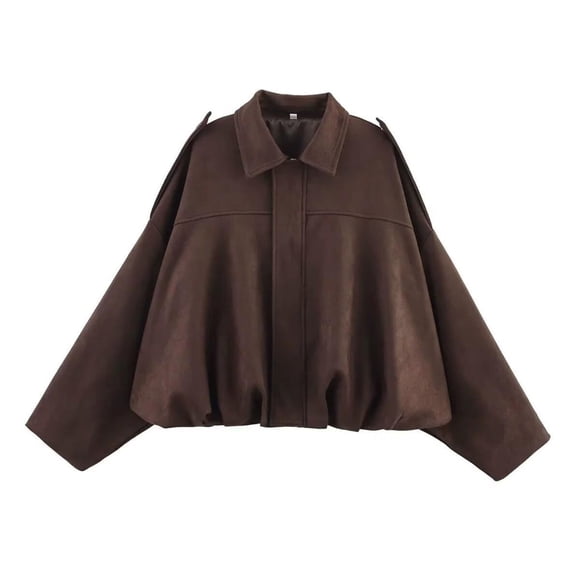 aohooy Veste en Similicuir pour Femme à Manches Longues, Blouson Bomber de Moto à Fermeture Éclair, Léger, Ourlet Bouffant, Manteau en Suède, Café, S