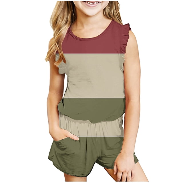 Tranfacy Ensembles d'Été pour Filles, Ensembles d'Été pour Filles, Débardeurs Sans Manches à Col Rond à Agencement de Couleurs pour Filles de 3 à 14 Ans et Shorts, Ensembles d'Été