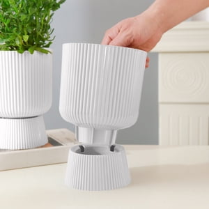 Lightweight High-Footed Resin Imitation Ceramic Flower Pot, Modern Pot with Detachable Water Storage Base, Plastic Decorative Planter for Home Desk Windowsill Indoor Plants, White