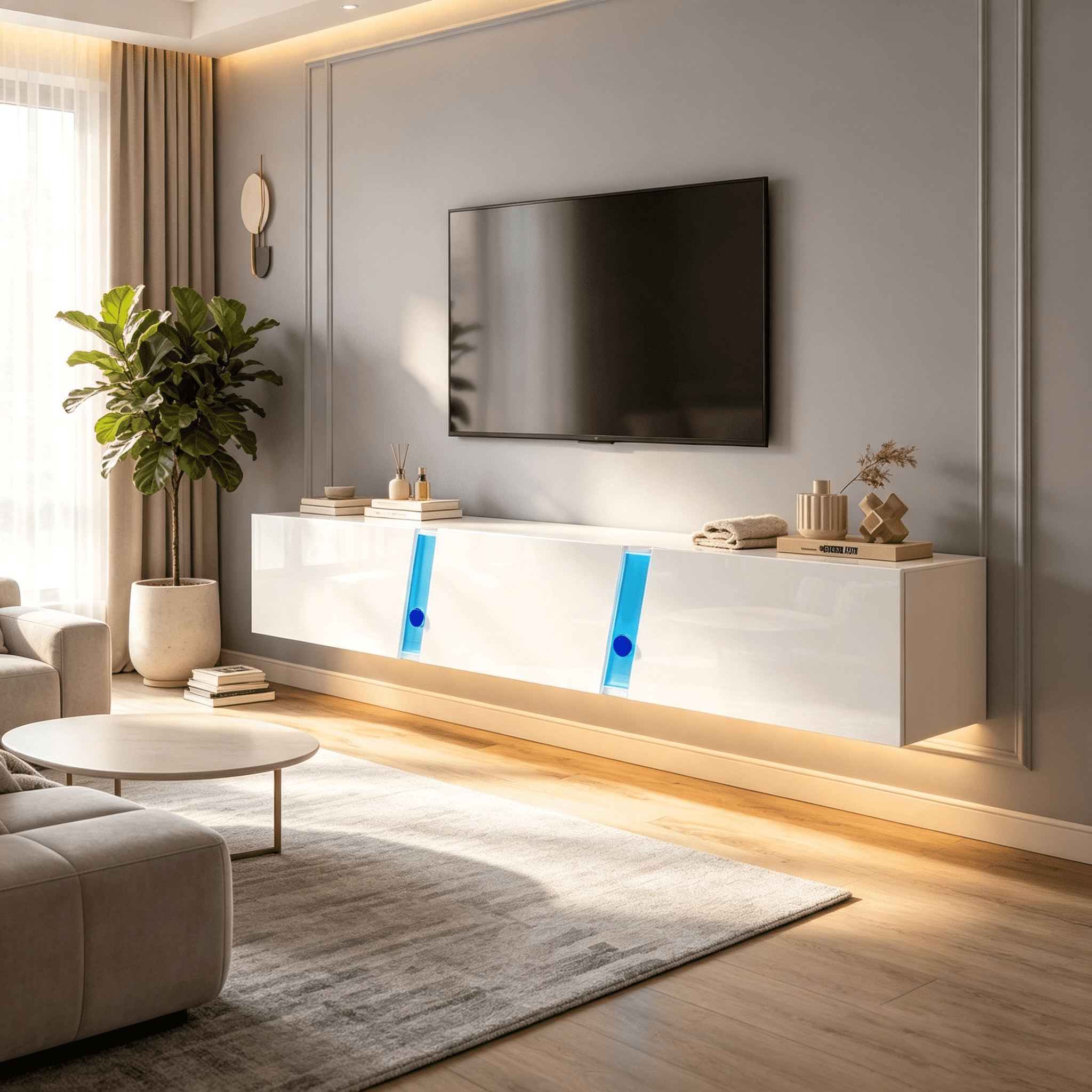 Homy Casa meuble télé flottant 64,9 po avec DEL, 3 portes et 5 compartiments pour téléviseur 65 po