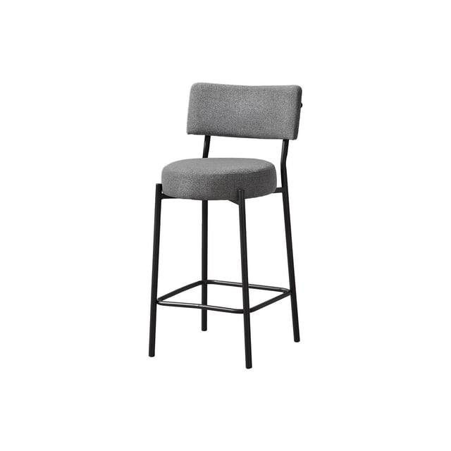 Monarch Specialties barstool counter height with grey fabric upholstered round padded seat and rectangular padded backrest, supported by slim black metal legs with a square footrest, ideal for kitchen seating or counter stools in modern dining spaces