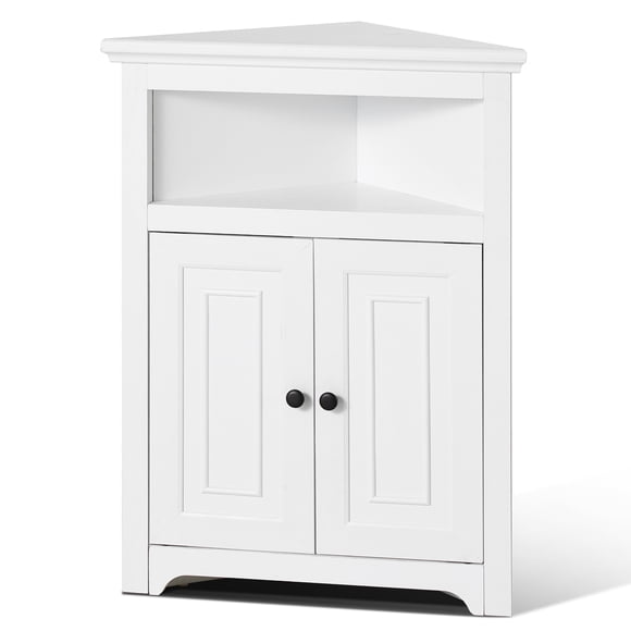 KFFKFF 32" Corner Storage Cabinet, 3 Tiers Small Storage Cabinet with 2 Wooden Doors & Adjustable Shelves, Freestanding Corner Kitchen Cabinet for Living Room