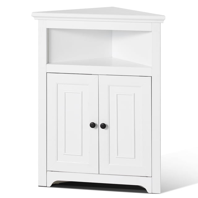 VEVOR Armoire de Rangement d'Angle de 32 Pouces avec 2 Portes en Bois et Tablettes Ajustables en Blanc. Cette Armoire Triangulaire Présente une Combinaison d'Étagères Ouvertes d'Exposition et de Rangement Fermé avec Deux Portes à Panneaux. Fabriquée en MDF et Panneau de Particules, Elle Offre une construction Robuste avec des Tablettes Ajustables Pouvant Supporter jusqu'à 44 Lb Chacune. Conçue pour s'Insérer Parfaitement dans les Coins, Elle Maximise l'Espace dans les Salles de Bain, les Cuisines Ou les Aires de Vie. Comprend des Dispositifs de Sécurité Anti-Basculement pour une Sécurité Accrue.