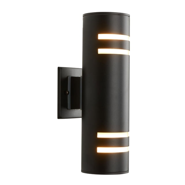 Artika V3 indoor-outdoor wall light in black with a cylindrical shape mounted on a square base, featuring three pairs of horizontal light slits emitting warm light, ideal for outdoor wall lighting and enhancing home exterior illumination.