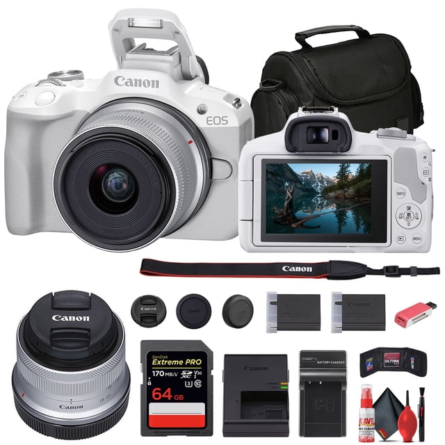 Canon EOS R50 Mirrorless Camera with 18-45mm Lens in white, paired with accessories including a 64GB SanDisk Extreme PRO memory card, soft carrying bag, external battery charger, LPE17 battery, memory card reader, memory card wallet, and cleaning kit. This compact camera features a 24.2MP APS-C CMOS sensor, DIGIC X image processor, and UHD 4K 30p video recording, making it ideal for photography, vlogging, and content creation.