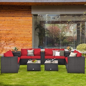 Gymax 8PCS Cushioned Rattan Patio Conversation Set w/ Side Table Red Cushion