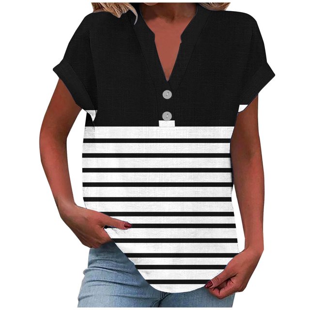 fatyb Womens Printed V Neck Tops Short Sleeve Button V Neck Tshirts Lightweight Summer Beach Blouses