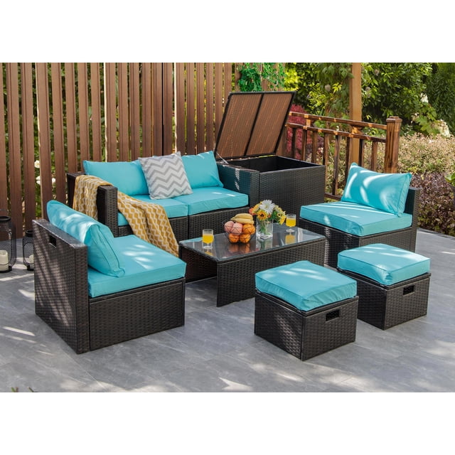Costway Ensemble de Mobilier de Terrasse en Rotin 8 Pcs Rangement Peu Encombrant Coussin Housse Turquoise