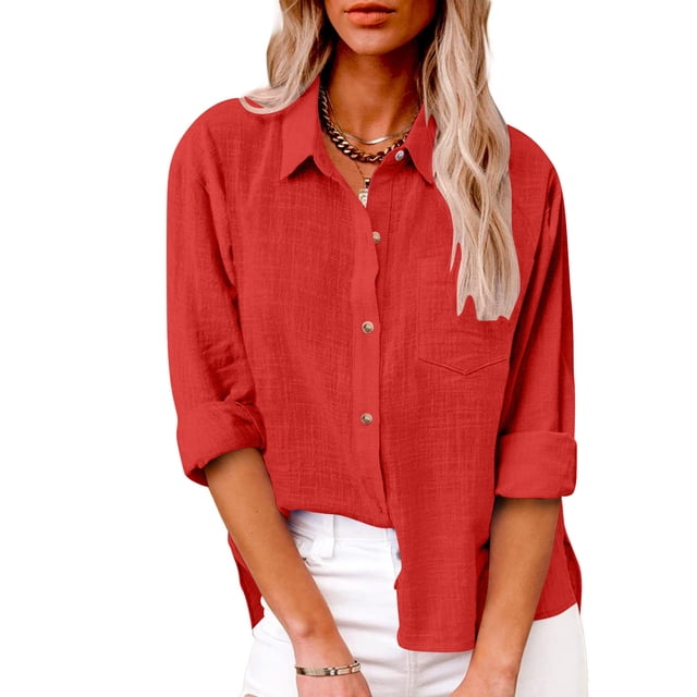 AherBiu Plus Size Women Button down Tops Long Sleeve Lapel Collar Linen Tops Fall Casual Solid Color Cotton Blouses