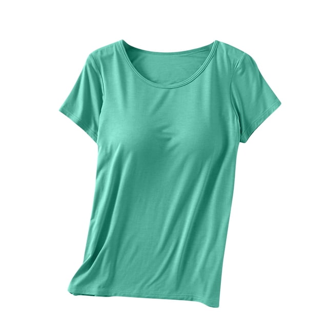 Timegard Hauts d'Été pour Femmes avec Soutien-Gorge Intégré Col Ras du Cou Manches Courtes Tenue de Détente Pyjama Doux Décontracté T-Shirt
