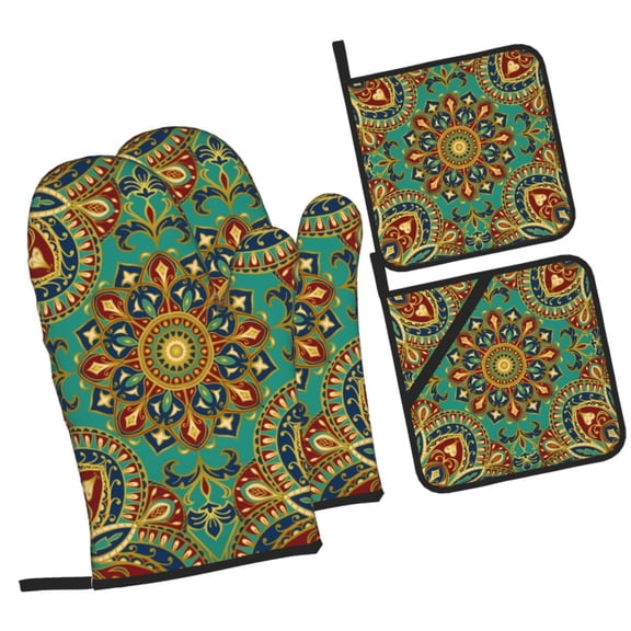LAKIMCT East Aesthetics Print Oven Mitts and Pot Holders Sets Non-Slip Potholders Heat Resistant Oven Gloves for Kitchen Baking Cooking BBQ, 4-Piece Set