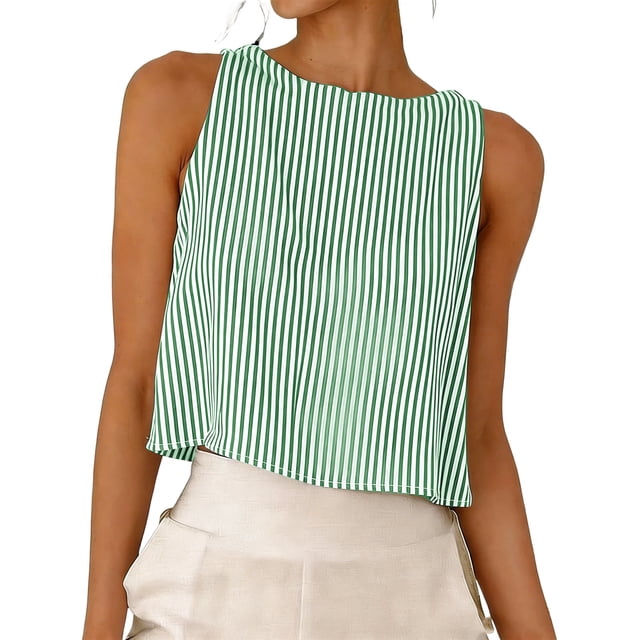 FAVIPT Débardeur en Coton pour Femme à Boutons, Imprimé à Rayures, Chandails Courts à Col Rond, T-Shirts Amples d'Été pour la Plage, Vert, P