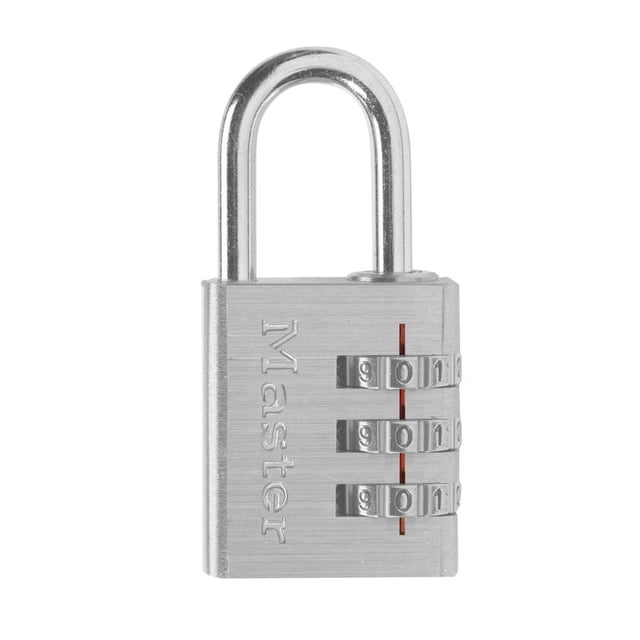 Master Lock Set Your Own Combination Lock #630D with a 1-3/16 inch (30mm) wide solid metal body and 3/16 inch (5mm) nickel plated steel shackle, featuring three numeric dials for keyless combination security, suitable for securing lockers and cabinets.