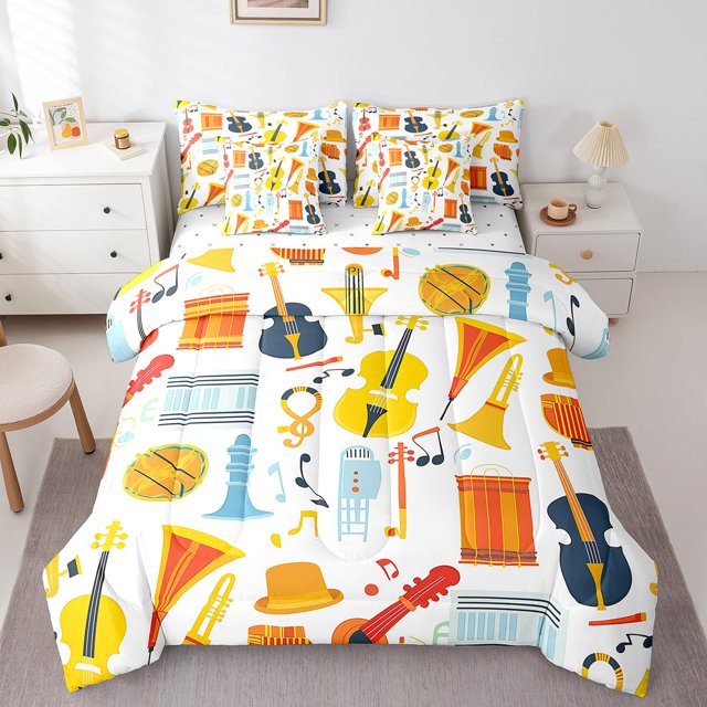 Stringed Instruments Bed in a Bag Queen Comforter Set 7 Piece,Drum Kit Bedding Sets Fashion Music Themed Sheet Set with Comforter,Colorful Violoncello Pop Rock Bed Set