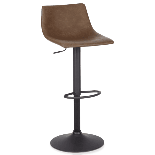 Bouclair Caramel Faux Leather and Metal Adjustable Bar Stool adjustable-height swivel bar stool with caramel PU seat and metal base, 360° rotation, 16.75 in W x 19.5 in D x 41 in H (42.6 x 49.5 x 104.1 cm), seat height 23.75 in, seat back 9.75 in, 330 lb limit; often used as compact counter seating.