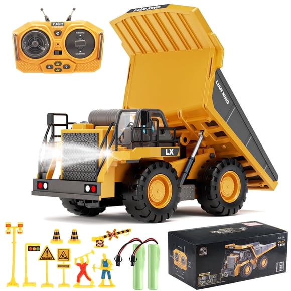 Camion-benne Télécommandé, Jouet de Véhicules de Construction RC à l'Échelle 1:20 avec Caisse en Métal et Lumière/musique, Camion Électrique Jouet à 9 Canaux Cadeau pour Garçons Enfants