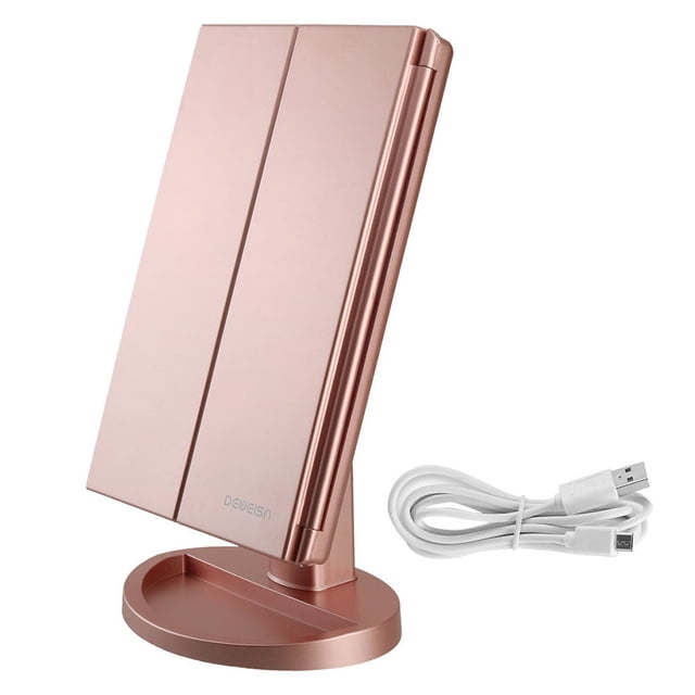 destyer Folding Mirror with LED Lights 3-fold 22LEDs Makeup Cosmetic Portable Mirror Makeup Tool in rose gold. The mirror features a foldable design with three panels and 22 bright LED lights for clear visibility during makeup application. It includes a USB cable for convenient power options and a sturdy base for stability. Compact and portable, ideal for travel or small spaces.