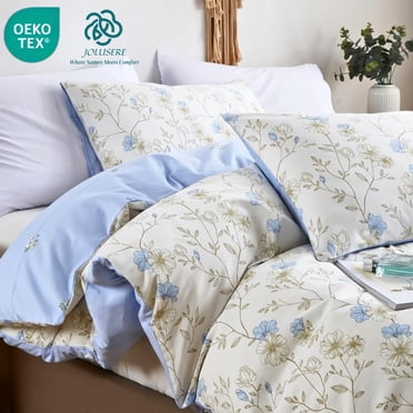 JOLUSERE 100% Organic Cotton Duvet Cover Set, 3 Pieces Blue Floral Vintage Reversible Soft Bedding Set Queen