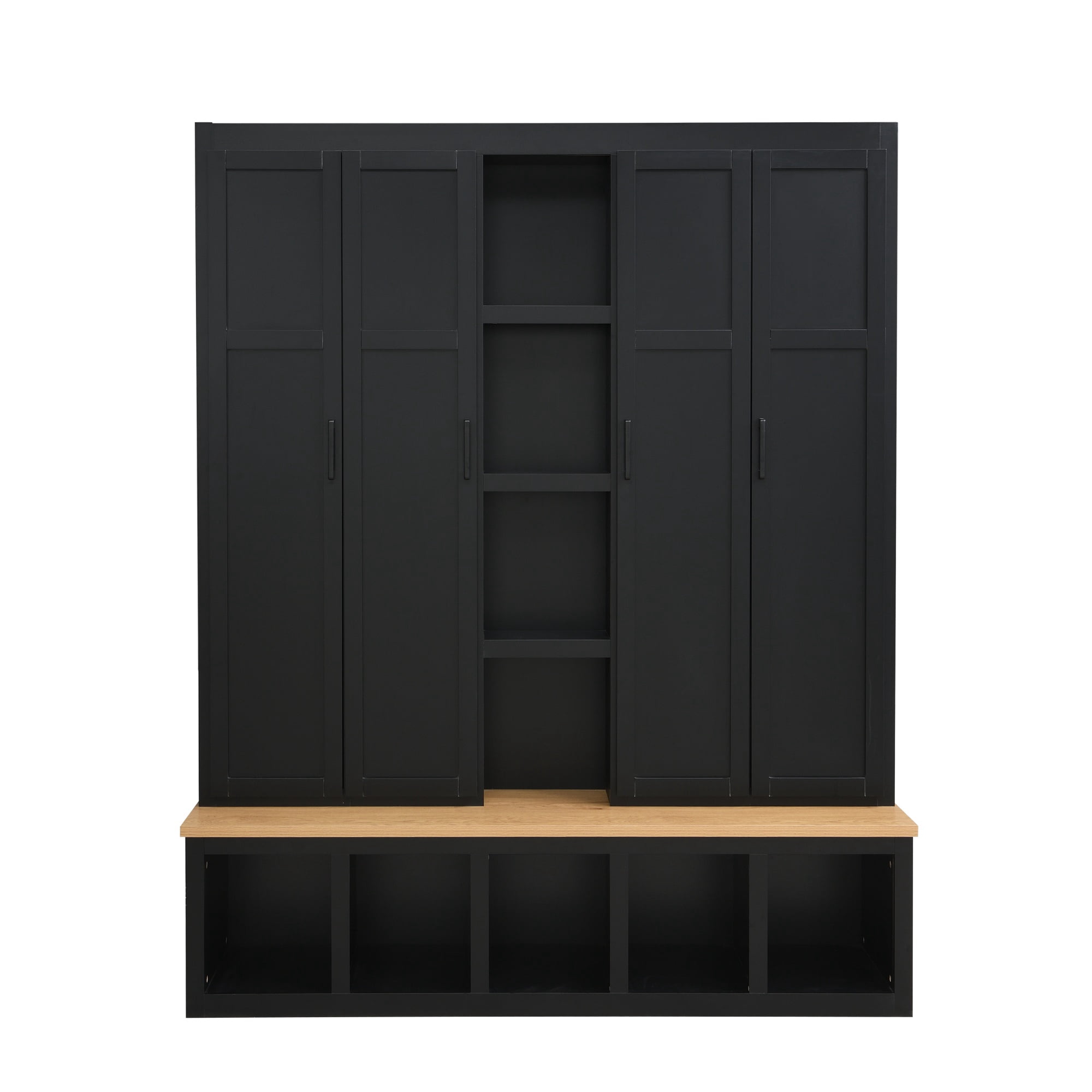 Noble House 62.9" Farmhouse Hall Tree with 6 Hooks,Wood Grain Bench & Shoe Cabinet for Entryway Living Room,Black